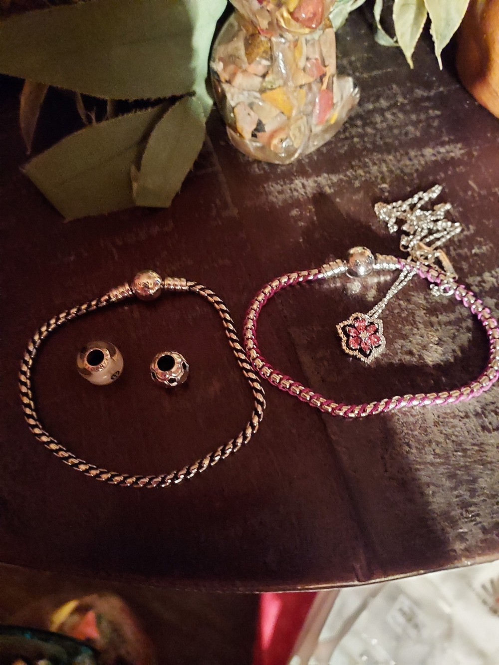 Pandora Silver and Pink Braided Bracelet Duo with Floral Charm